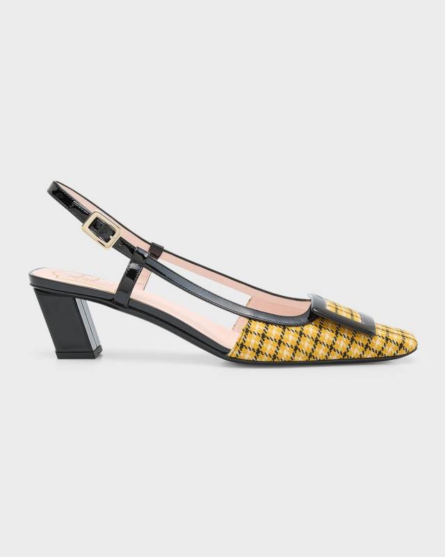 Check Buckle Block-Heel Slingback Pumps